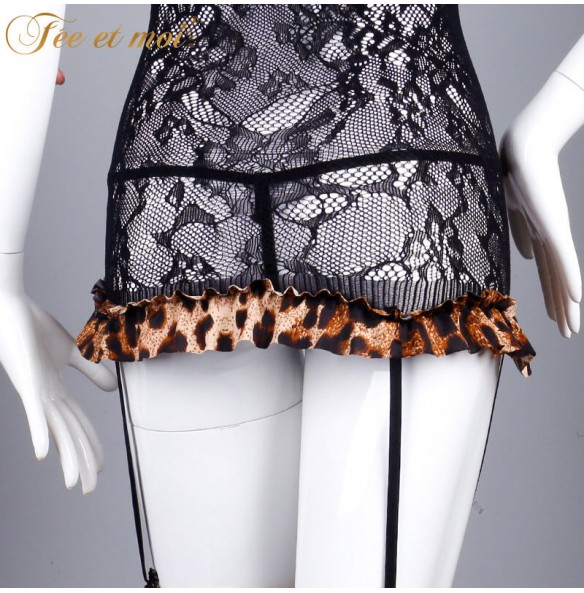 FEE ET MOI Sexy Leopard Print Suspender Fishnet Bodysuit With Stockings (Black) FEE ET MOI Sexy Leopard Print Suspender Fishnet Bodysuit With Stockings (Black)